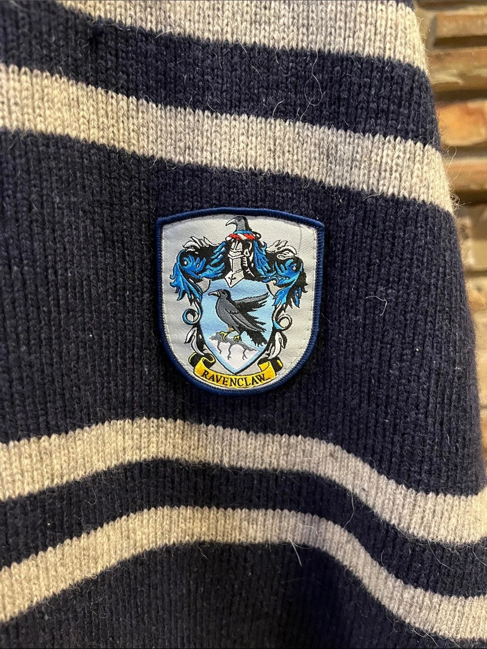 Harry Potter Ravenclaw Navy and Cream Striped Knit Wool Scarf with Crest Patch